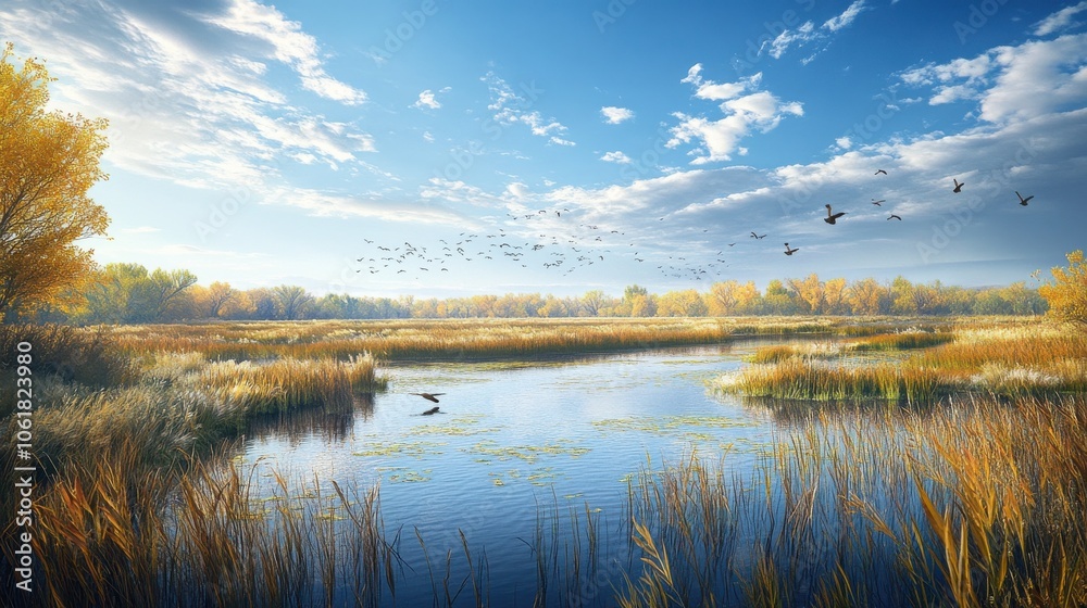A tranquil morning at Cheyenne Bottoms Wildlife Area with migrating birds over the water and vibrant fall foliage A tranquil morning at Cheyenne Bottoms Wildlife Area with migrating birds over the water and vibrant fall foliage