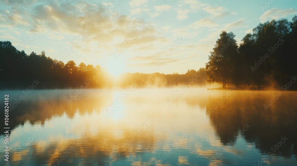 A tranquil sunrise over a misty lake showcasing the beauty of nature at dawn A tranquil sunrise over a misty lake showcasing the beauty of nature at dawn
