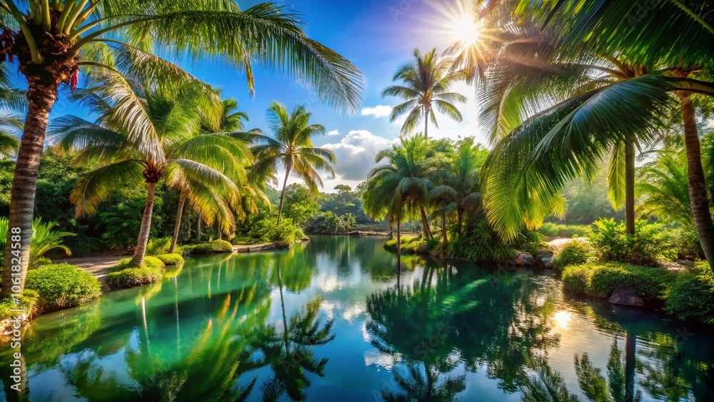 Tranquil Tropical Oasis with Palm Trees and Reflective Pond in Bokeh Effect - Perfect for Relaxation and Peaceful Retreats Tranquil Tropical Oasis with Palm Trees and Reflective Pond in Bokeh Effect - Perfect for Relaxation and Peaceful Retreats