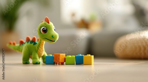 A cheerful green dinosaur toy stands beside colorful building blocks in a bright, playful setting.