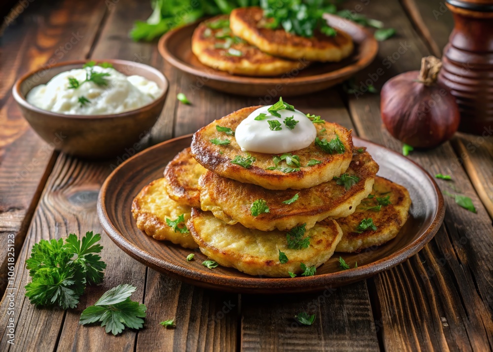 Ukrainian Potato Pancakes with Sour Cream - Delicious Deruny or Draniki Dish, Traditional Cuisine, Crispy Texture, Comfort Food, Authentic Recipes, Culinary Delight Ukrainian Potato Pancakes with Sour Cream - Delicious Deruny or Draniki Dish, Traditional Cuisine, Crispy Texture, Comfort Food, Authentic Recipes, Culinary Delight