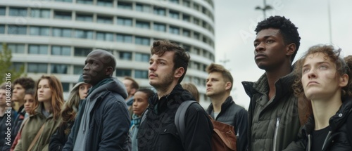 A crowd of diverse individuals stands solemnly in front of a modern building, indicative of unity and resilience amidst a common cause.