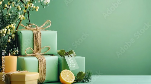 Ecofriendly gifts arranged with Green Monday sale tags, bright and sustainable theme photo