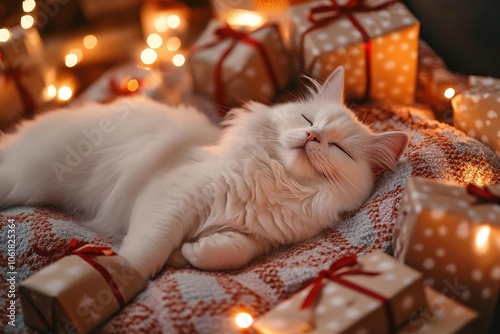 A cozy white cat sleeps peacefully among wrapped gifts and twinkling lights, creating a warm, festive atmosphere. photo