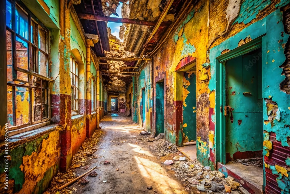 Fototapeta premium Urban Exploration Photography of Cracked Surfaces, Abandoned Buildings, and Weathered Textures in Cityscapes for Adventurous Souls Seeking Hidden Gems and Urban Decay Aesthetic