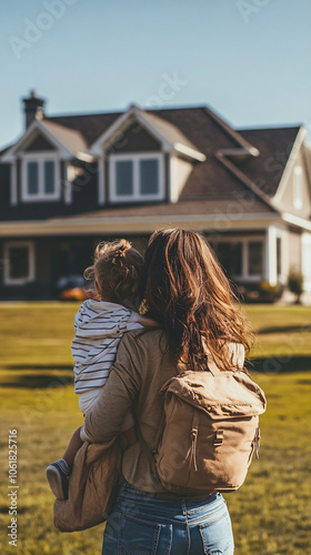 Mother and daughter embrace, gazing at their new home in a peaceful suburban neighborhood, symbolizing family, togetherness, and the joy of homeownership