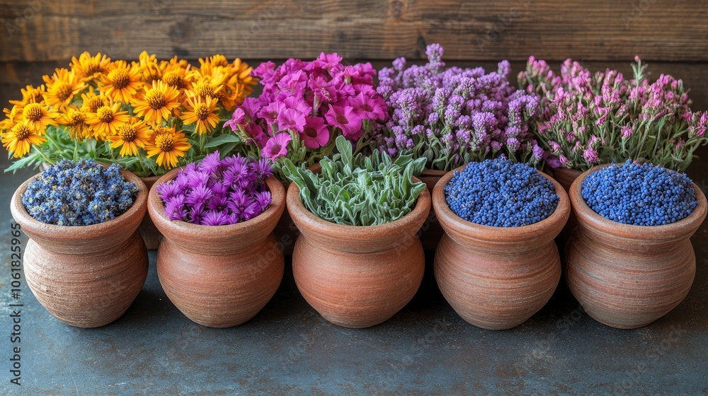 Colorful Flower Arrangement in Terracotta Pots