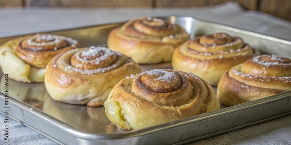 Golden Brown Cinnamon Rolls Fresh Out of the Oven with a Sprinkle of Powdered Sugar Golden Brown Cinnamon Rolls Fresh Out of the Oven with a Sprinkle of Powdered Sugar