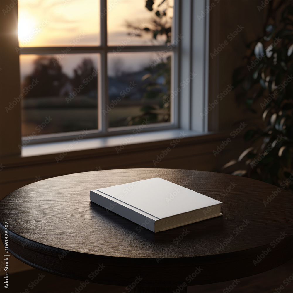 A modern living room scene featuring a blank canvas mockup on a wooden coffee table. The background includes a cozy sofa with cushions, a book on the table, and plants near the window A modern living room scene featuring a blank canvas mockup on a wooden coffee table. The background includes a cozy sofa with cushions, a book on the table, and plants near the window