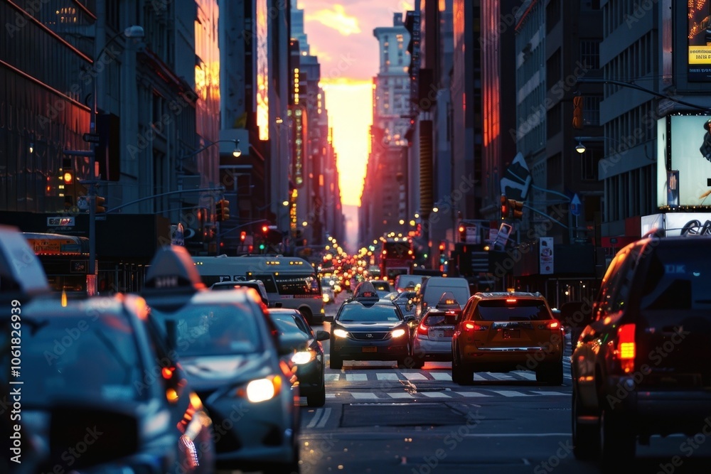 Fototapeta premium Busy city street architecture metropolis cityscape.