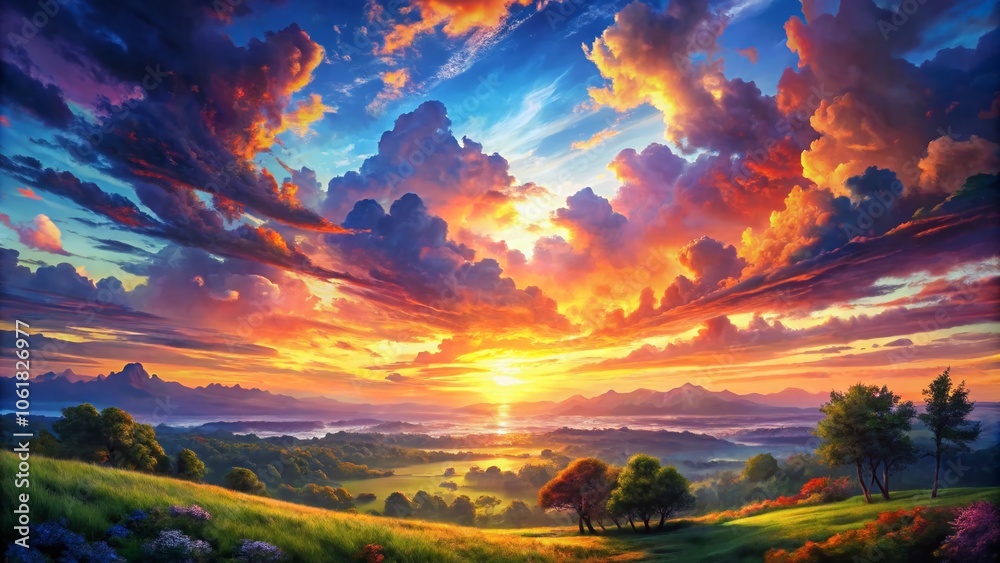 Vibrant Anime Fantasy Sunrise Wallpaper with Dramatic Clouds and Vivid Colors in Nature - Stunning Low Light Photography Concept for Backgrounds