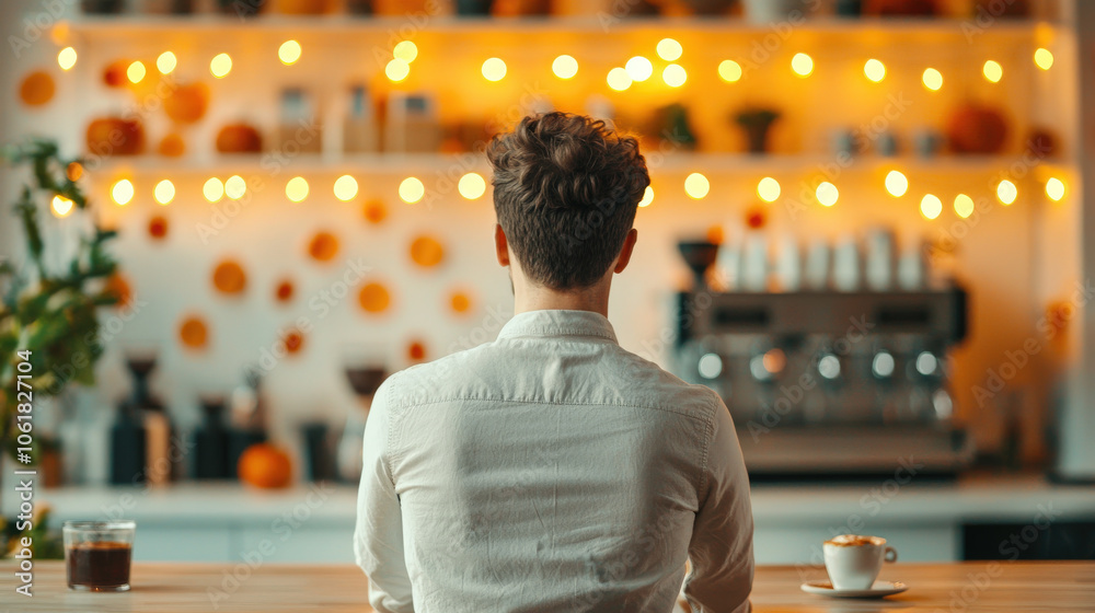 barista prepares coffee in cozy cafe adorned with autumn decorations and warm lights, creating welcoming atmosphere barista prepares coffee in cozy cafe adorned with autumn decorations and warm lights, creating welcoming atmosphere
