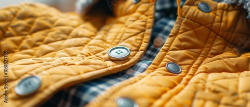 The detailed stitching of a buttoned, quilted yellow jacket, layered over a checkered shirt, conveys warmth and style. photo