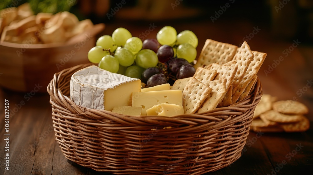 A rustic wicker basket brimming with assorted cheeses, crackers, and fresh grapes set on a wooden table A rustic wicker basket brimming with assorted cheeses, crackers, and fresh grapes set on a wooden table