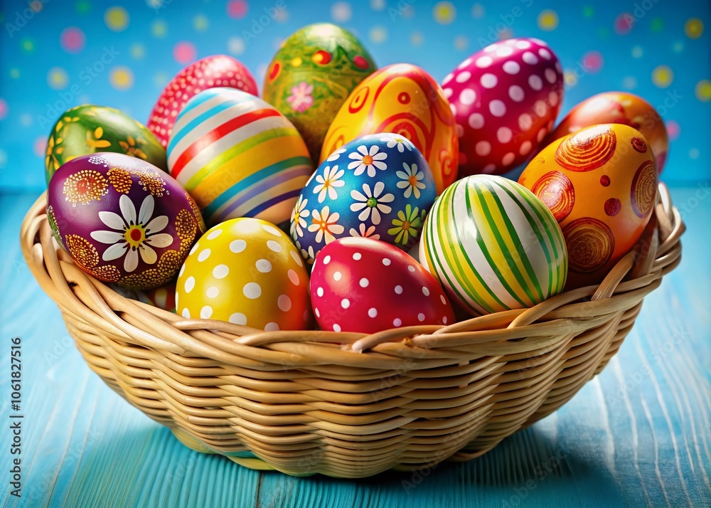 Vibrant Colorful Easter Eggs in a Basket Isolated on Bright Blue Background for Festive Spring Celebrations and Holiday Decor Vibrant Colorful Easter Eggs in a Basket Isolated on Bright Blue Background for Festive Spring Celebrations and Holiday Decor