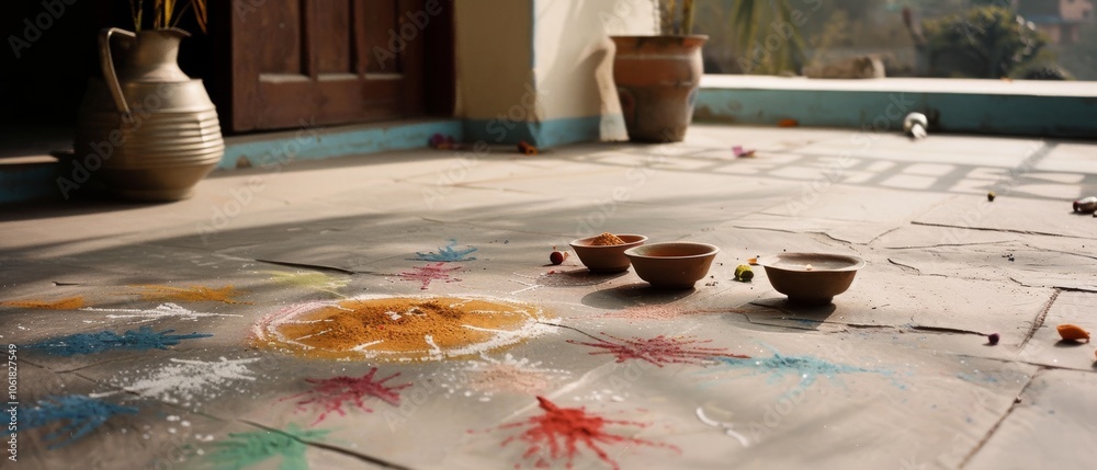 Sun-kissed rangoli designs with tiny bowls create a radiant, festive atmosphere on a veranda, reflecting cultural tradition and joy. Sun-kissed rangoli designs with tiny bowls create a radiant, festive atmosphere on a veranda, reflecting cultural tradition and joy.