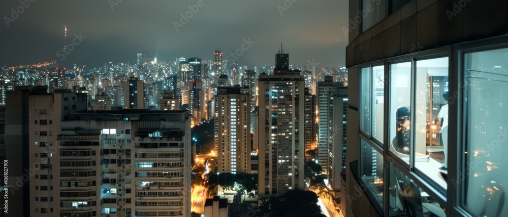 A bustling city skyline at night, with bright lights illuminating endless rows of skyscrapers under a cloudy sky. A bustling city skyline at night, with bright lights illuminating endless rows of skyscrapers under a cloudy sky.