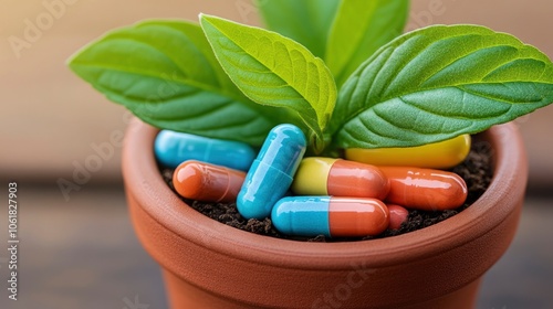 Green Plant Growing From Pills in Flower Pot photo