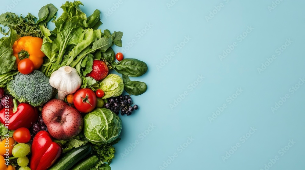 Fresh Vegetables and Fruits on a Blue Background Fresh Vegetables and Fruits on a Blue Background