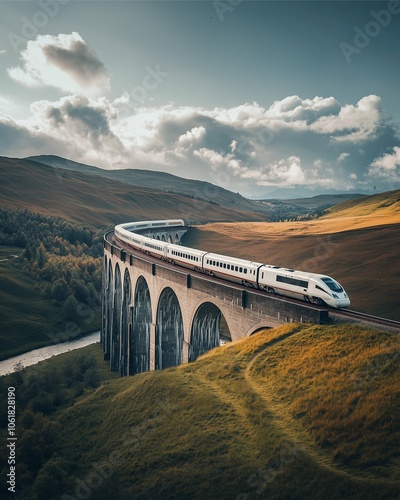 Wallpaper Mural High-speed train crossing a bridge over vast open fields with a river winding through, low perspective to capture the power and speed, scattered clouds above. Torontodigital.ca