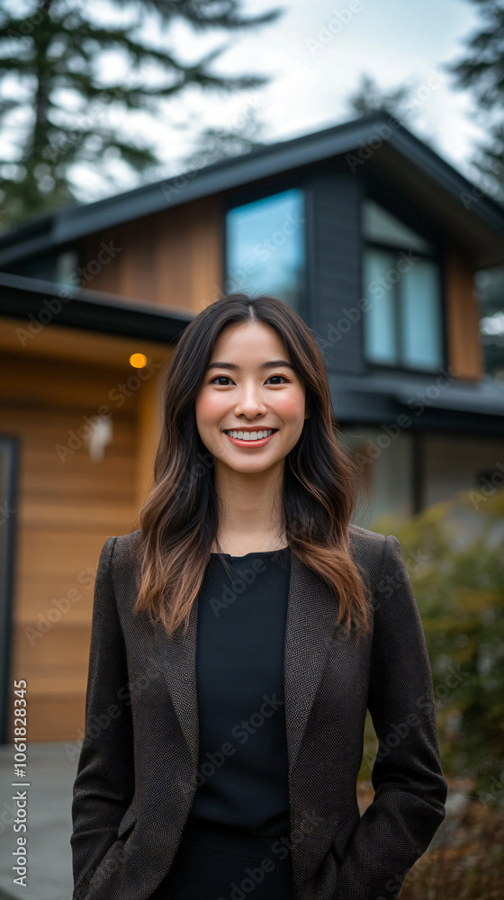 Confident young real estate agent is smiling outside a contemporary house Confident young real estate agent is smiling outside a contemporary house
