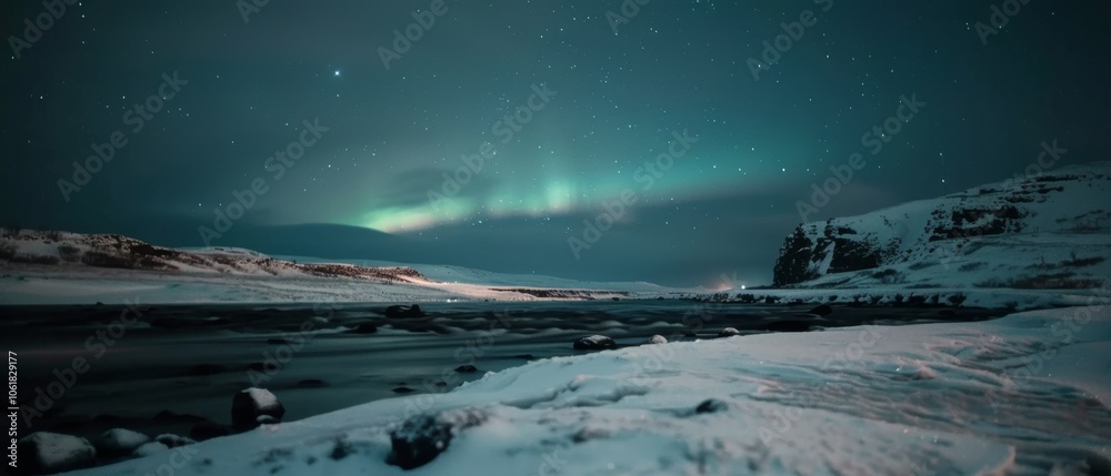 An enchanting view of the Northern Lights illuminating a snowy landscape next to a gently flowing river, offering a glimpse of nature's wonder. An enchanting view of the Northern Lights illuminating a snowy landscape next to a gently flowing river, offering a glimpse of nature's wonder.
