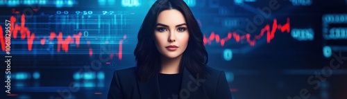 An authoritative woman stands confidently against a futuristic backdrop of graphs and data, symbolizing finance or technology.