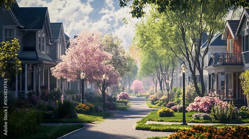 Obraz premium Neighborhood Surrounded by Cherry Blossom Trees
