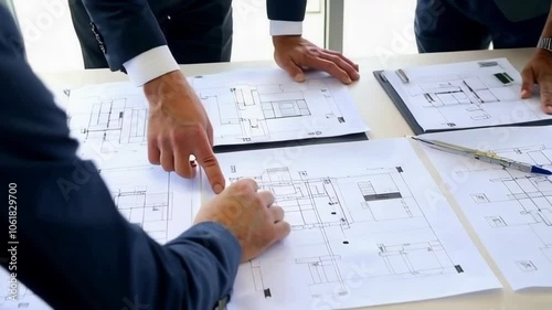 One of the men is pointing at a drawing on a blue print, documents.