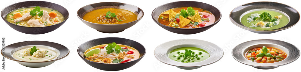 Set of soups, Broccoli and stilton, Cauliflower, Chicken noodle, Laksa, Lentil, Minestrone, Pea, Tortilla. Cut out, isolated on transparent background, png photo Set of soups, Broccoli and stilton, Cauliflower, Chicken noodle, Laksa, Lentil, Minestrone, Pea, Tortilla. Cut out, isolated on transparent background, png photo