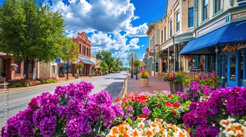 Fototapeta Naklejka Na Ścianę i Meble -  A sunny day in the historic town with vibrant flowers lining the charming streets filled with local shops and sunny skies