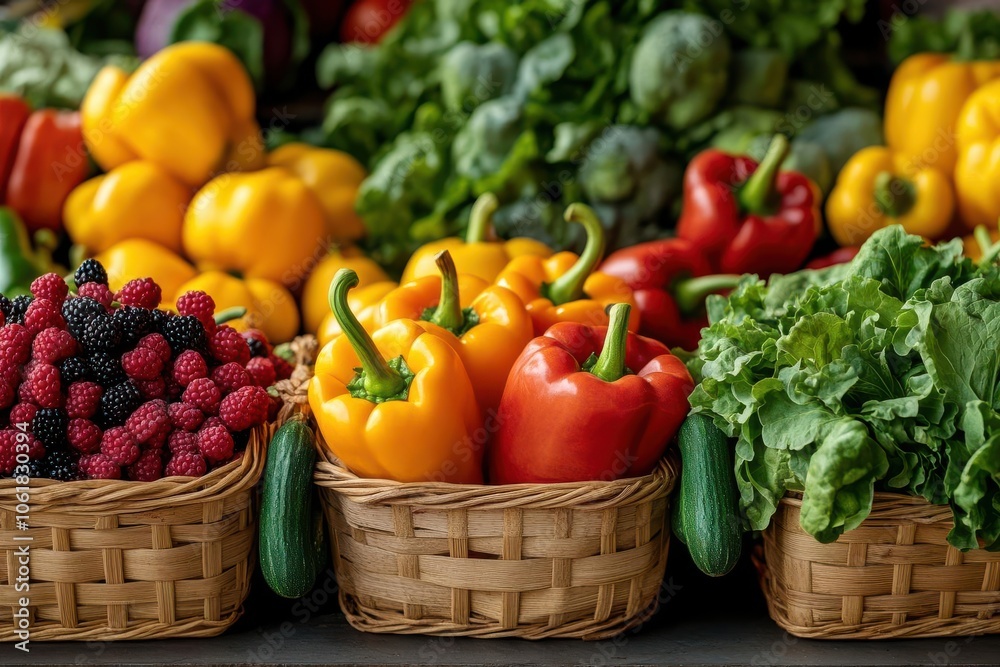 A vibrant display of fresh vegetables and berries in woven baskets, showcasing colorful peppers, cucumbers, and leafy greens. A vibrant display of fresh vegetables and berries in woven baskets, showcasing colorful peppers, cucumbers, and leafy greens.