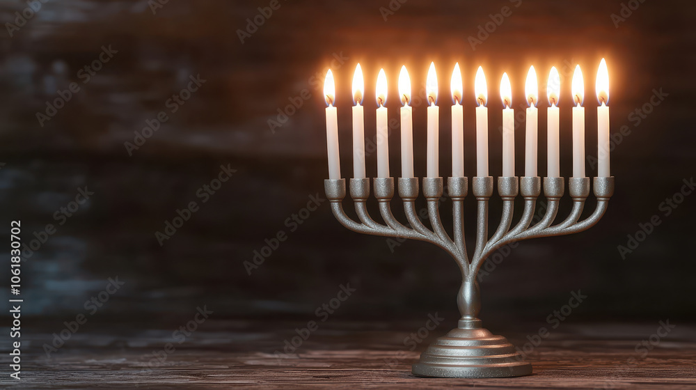 Close up of menorah with soft candlelight, symbolizing tradition and warmth. flickering flames create serene atmosphere, perfect for reflection and celebration Close up of menorah with soft candlelight, symbolizing tradition and warmth. flickering flames create serene atmosphere, perfect for reflection and celebration