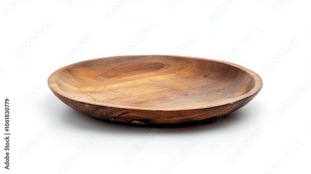 Wooden plate isolated on white background seen from a distance