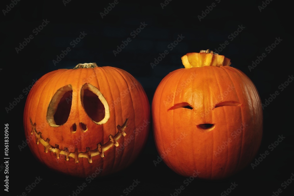 Two funny Halloween Pumpkins on dark background. Two funny Halloween Pumpkins on dark background.