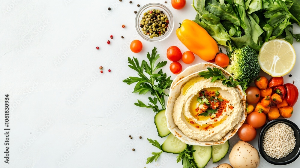 Hummus with Fresh Vegetables and Spices on White Background Hummus with Fresh Vegetables and Spices on White Background