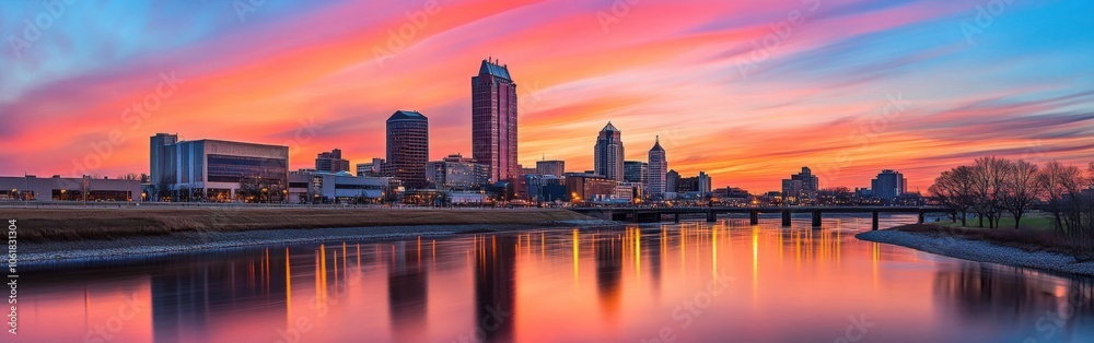 Obraz premium A stunning sunset reflects off the water, highlighting the Des Moines skyline and vibrant colors over the city’s buildings