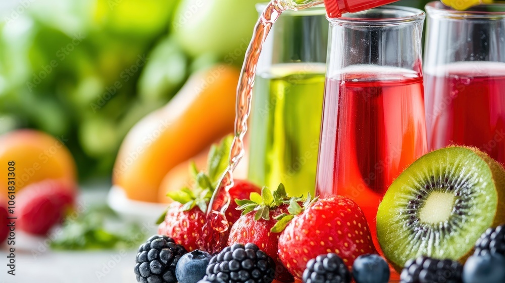 Fresh Fruit Juice Pouring into Glasses with Fresh Berries and Kiwi Fresh Fruit Juice Pouring into Glasses with Fresh Berries and Kiwi