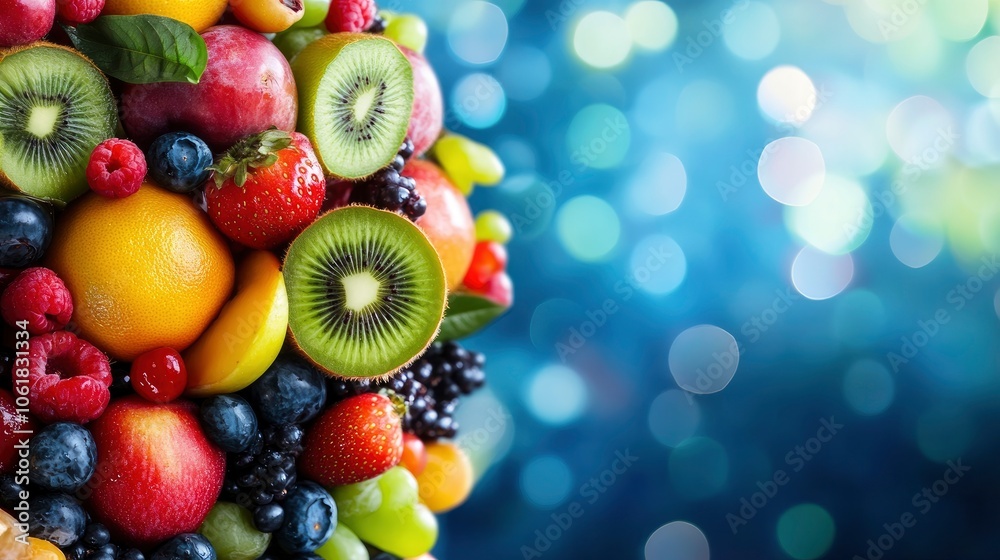 Colorful Fresh Fruit Arrangement on Blue Bokeh Background Colorful Fresh Fruit Arrangement on Blue Bokeh Background