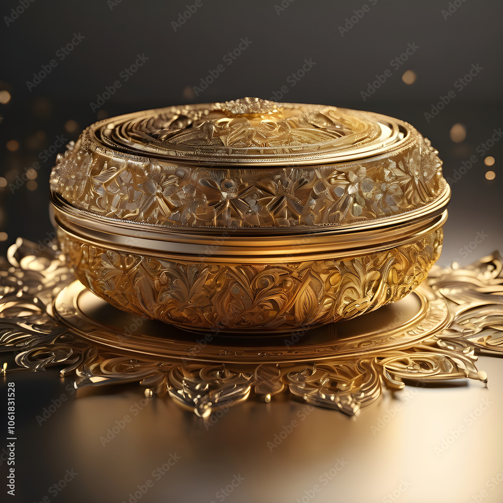 A golden 3D object that looks like a globe or bubble with light scattered at different angles. A golden 3D object that looks like a globe or bubble with light scattered at different angles.