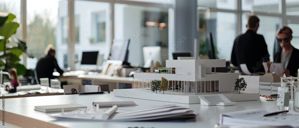 Inside a bright office, a sleek architectural model sits prominently on a desk, representing innovation and future planning. Inside a bright office, a sleek architectural model sits prominently on a desk, representing innovation and future planning.