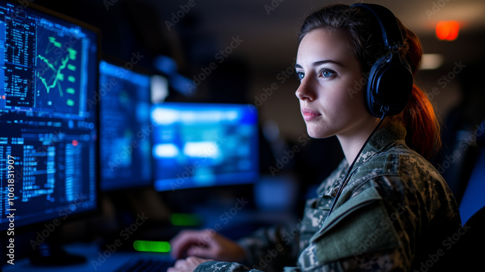 Surrounded by the hum of an active operations center, a woman officer with headphones on directs military exercises, her strategic mind working behind the scenes as she controls mo Surrounded by the hum of an active operations center, a woman officer with headphones on directs military exercises, her strategic mind working behind the scenes as she controls mo