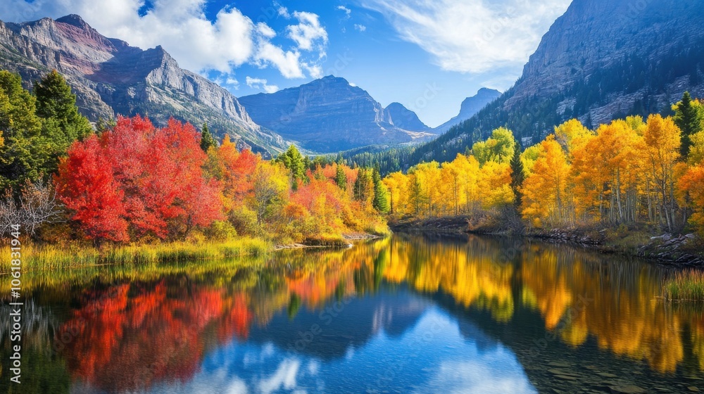 Vibrant autumn colors reflected in a tranquil lake surrounded by majestic mountains and lush forests under a bright blue sky Vibrant autumn colors reflected in a tranquil lake surrounded by majestic mountains and lush forests under a bright blue sky