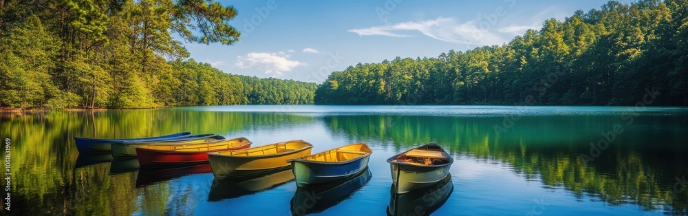 A tranquil morning by the serene waters with colorful kayaks resting along the shore in a lush, green landscape surrounded by trees A tranquil morning by the serene waters with colorful kayaks resting along the shore in a lush, green landscape surrounded by trees