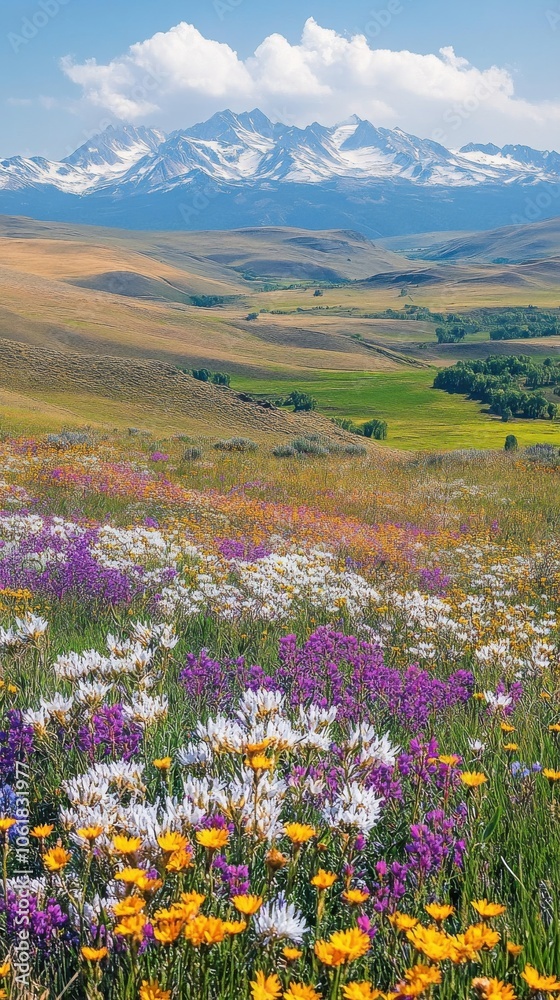 Fototapeta premium A vibrant landscape of rolling hills adorned with wildflowers under a clear blue sky in an alpine region during springtime