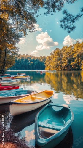 Boats lined up along the tranquil waters at a picturesque lakeside during a bright sunny day in early autumn