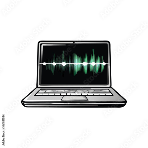 A flat laptop with a waveform pattern displayed on the screen. The waveform is a bright green color against a dark background.