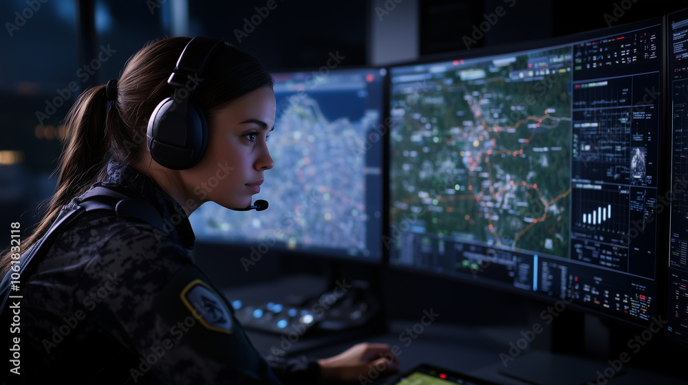 The woman officer leans forward at her command station, wearing headphones, while controlling mission-critical operations in real-time, with digital maps and troop movements reflec The woman officer leans forward at her command station, wearing headphones, while controlling mission-critical operations in real-time, with digital maps and troop movements reflec