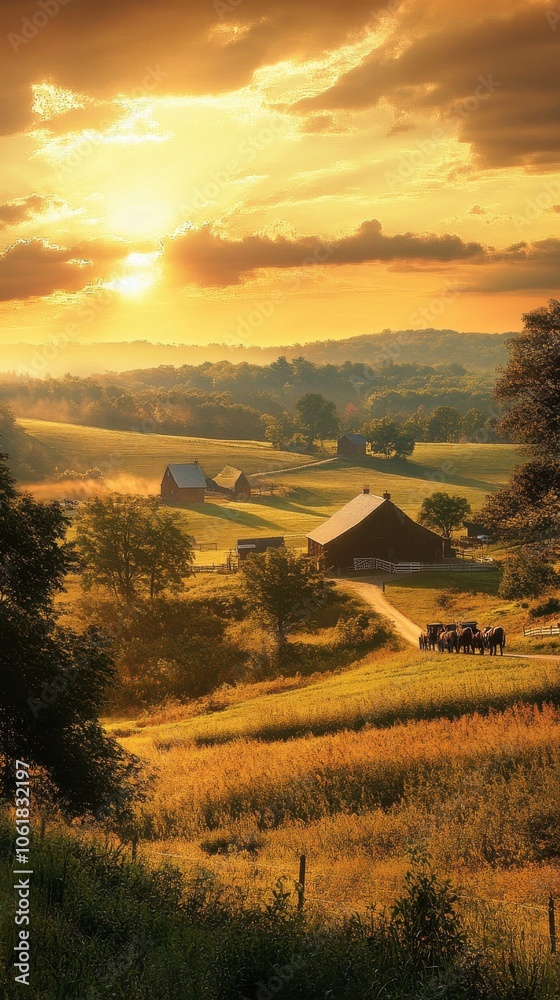 Fototapeta premium Golden sunset over rolling hills with farms and grazing horses in the countryside