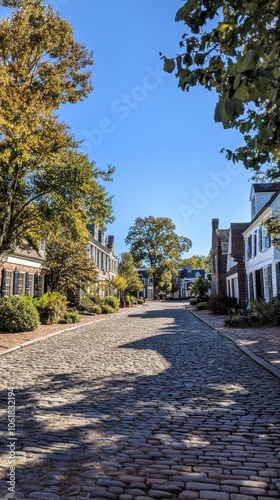 A charming cobblestone street lined with historic houses in a quaint town during a clear autumn day